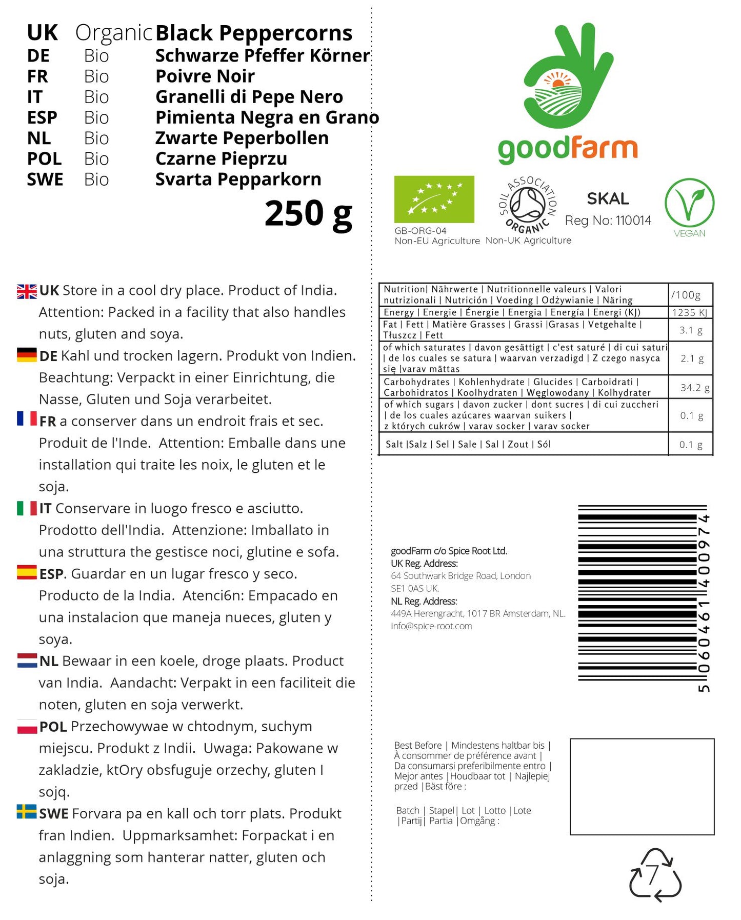 goodFarm Organic Black Peppercorns 250g